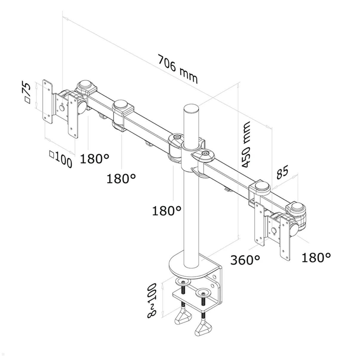 Neomounts FPMA-D960D Doppelmonitorhalterung mit Tischklemme, schwarz, Technische Zeichnung Neomounts FPMA-D960D Doppelmonitorhalterung mit Tischklemme, schwarz, Technische Zeichnung