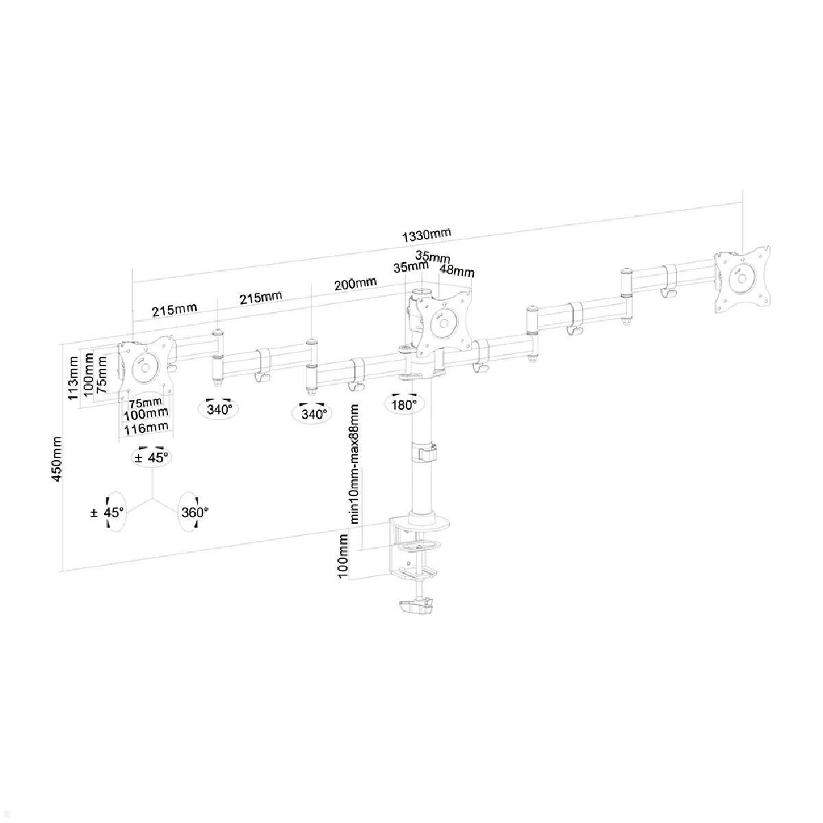 Neomounts NM-D135D3 NeoMounts 3-fach Monitor Tischhalter, Technische Zeichnung Neomounts NM-D135D3 NeoMounts 3-fach Monitor Tischhalter, Technische Zeichnung