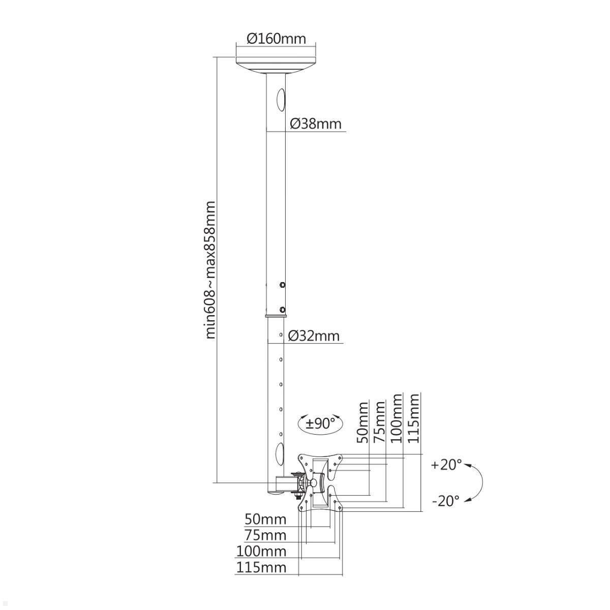 Neomounts FPMA-C050BLACK Monitor Deckenhalterung 500-850mm, schwarz, Zeichnung Maße Neomounts FPMA-C050BLACK Monitor Deckenhalterung 500-850mm, schwarz, Zeichnung Maße