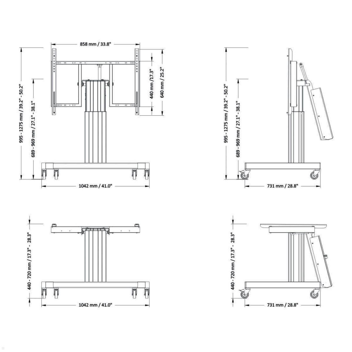 Neomounts PLASMA-M2550TSILVER Touch-Tisch/Ständer bis 100 Zoll, elektrisch, Zeichnung Maße Neomounts PLASMA-M2550TSILVER Touch-Tisch/Ständer bis 100 Zoll, elektrisch, Zeichnung Maße
