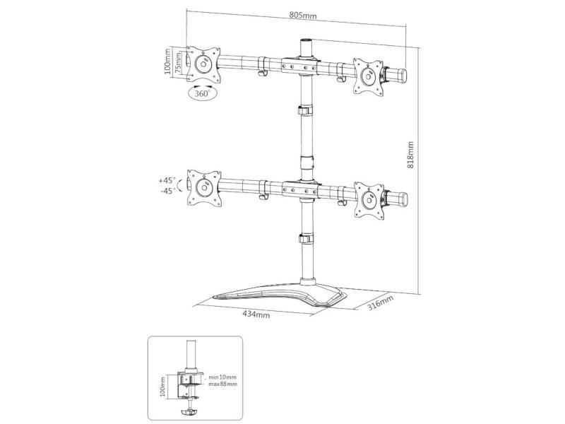 Neomounts Select NM-D335D4BLACK Bildschirm Standfuß für 4 Monitore bis 27 Zoll, schwarz, Maße Neomounts Select NM-D335D4BLACK Bildschirm Standfuß für 4 Monitore bis 27 Zoll, schwarz, Maße