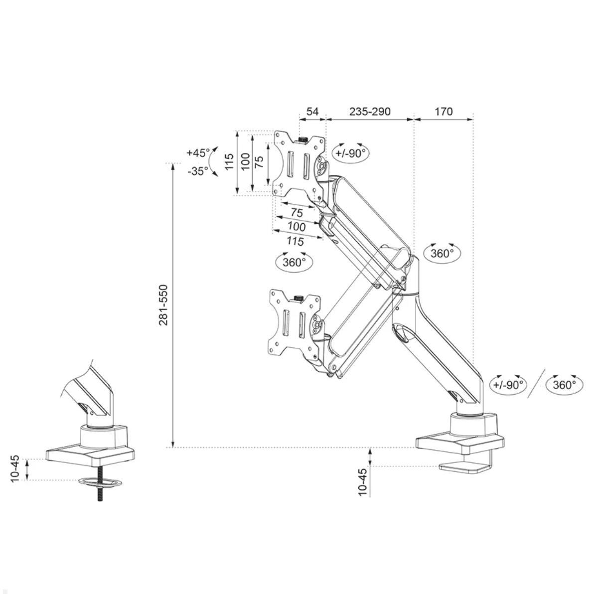 Neomounts DS70-450BL1 Monitor Tischhalterung 17 - 42 Zoll, schwarz, technische Zeichnung Neomounts DS70-450BL1 Monitor Tischhalterung 17 - 42 Zoll, schwarz, technische Zeichnung