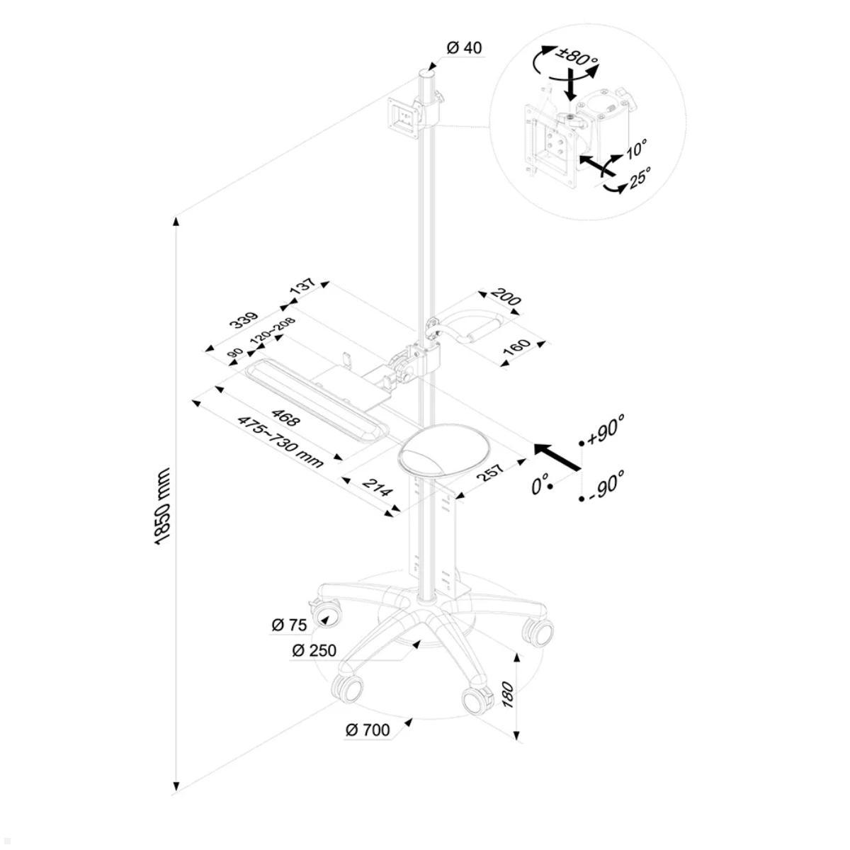 Neomounts FPMA-MOBILE1800 mobile Arbeitsstation, silber, technische Zeichnung Neomounts FPMA-MOBILE1800 mobile Arbeitsstation, silber, technische Zeichnung