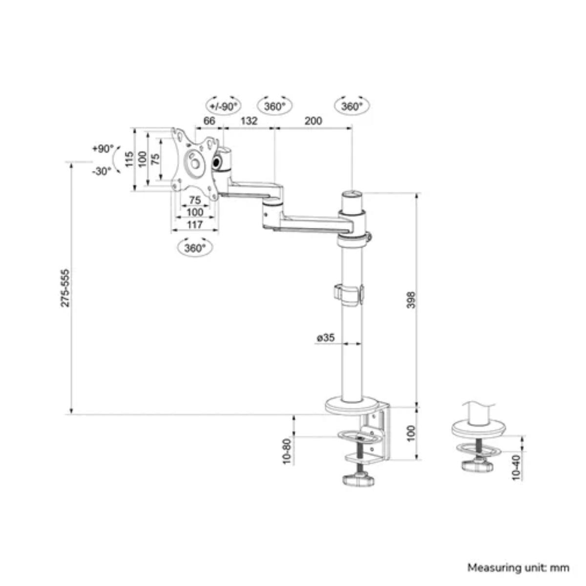 Neomounts DS60-425WH1 Monitor Tischhalterung 17-27 Zoll, weiß, Abmessungen Neomounts DS60-425WH1 Monitor Tischhalterung 17-27 Zoll, weiß, Abmessungen