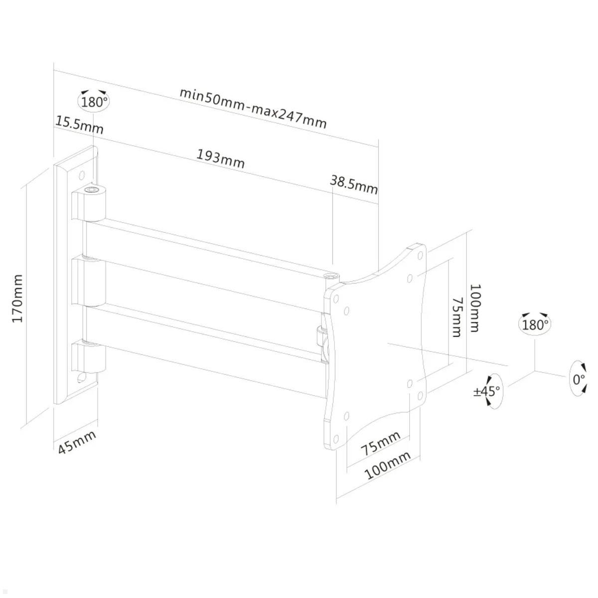 Neomounts FPMA-W820BLACK schwenkbare TV Wandhalterung 10-27 Zoll, schwarz, technische Zeichnung Neomounts FPMA-W820BLACK schwenkbare TV Wandhalterung 10-27 Zoll, schwarz, technische Zeichnung