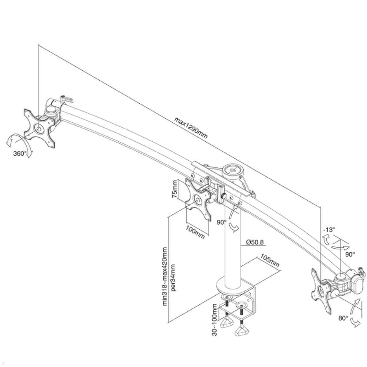Neomounts FPMA-D700D3 3-fach Tischhalterung mit Klemme, Skizze Neomounts FPMA-D700D3 3-fach Tischhalterung mit Klemme, Skizze