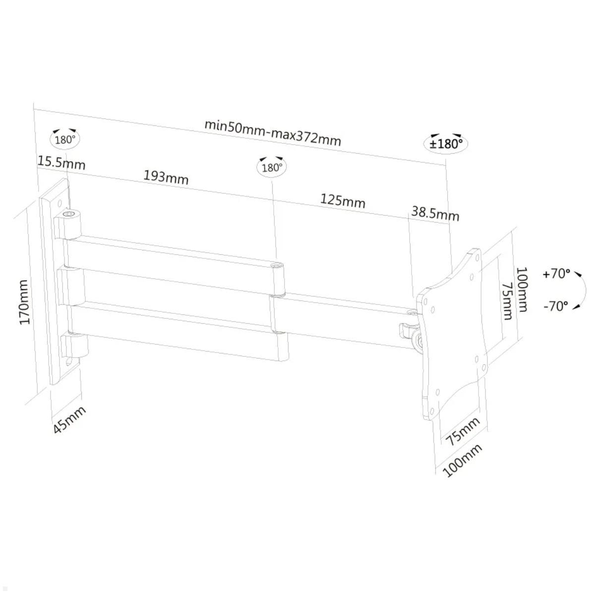 Neomounts FPMA-W830BLACK schwenkbare TV Wandhalterung 10-27 Zoll, schwarz, technische Zeichnung Neomounts FPMA-W830BLACK schwenkbare TV Wandhalterung 10-27 Zoll, schwarz, technische Zeichnung