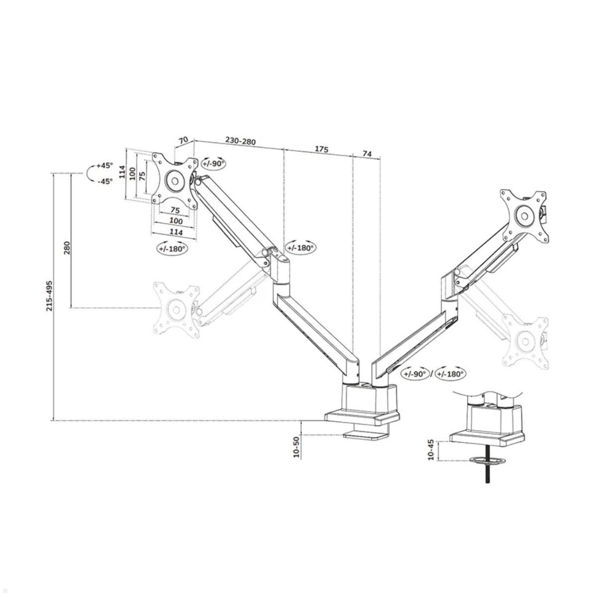 Neomounts DS70-250WH2 Monitorhalter für 2 Monitore, weiß Maße Neomounts DS70-250WH2 Monitorhalter für 2 Monitore, weiß Maße