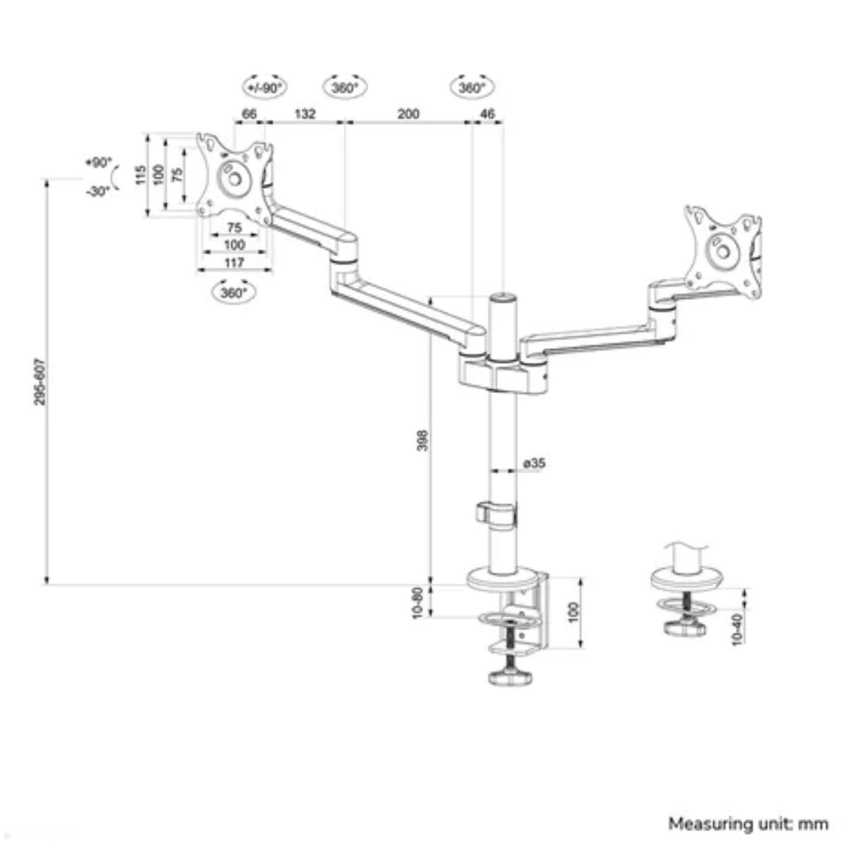 Neomounts DS60-425WH2 Monitorhalter für 2 Monitore nebeneinander bis 27 Zoll, Maße Neomounts DS60-425WH2 Monitorhalter für 2 Monitore nebeneinander bis 27 Zoll, Maße
