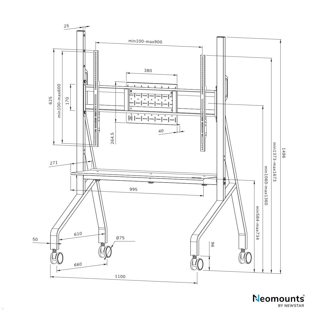 Neomounts FL50-525WH1 mobiler TV Bodenständer von 55 bis 86 Zoll, weiß technische Zeichnung Neomounts FL50-525WH1 mobiler TV Bodenständer von 55 bis 86 Zoll, weiß technische Zeichnung