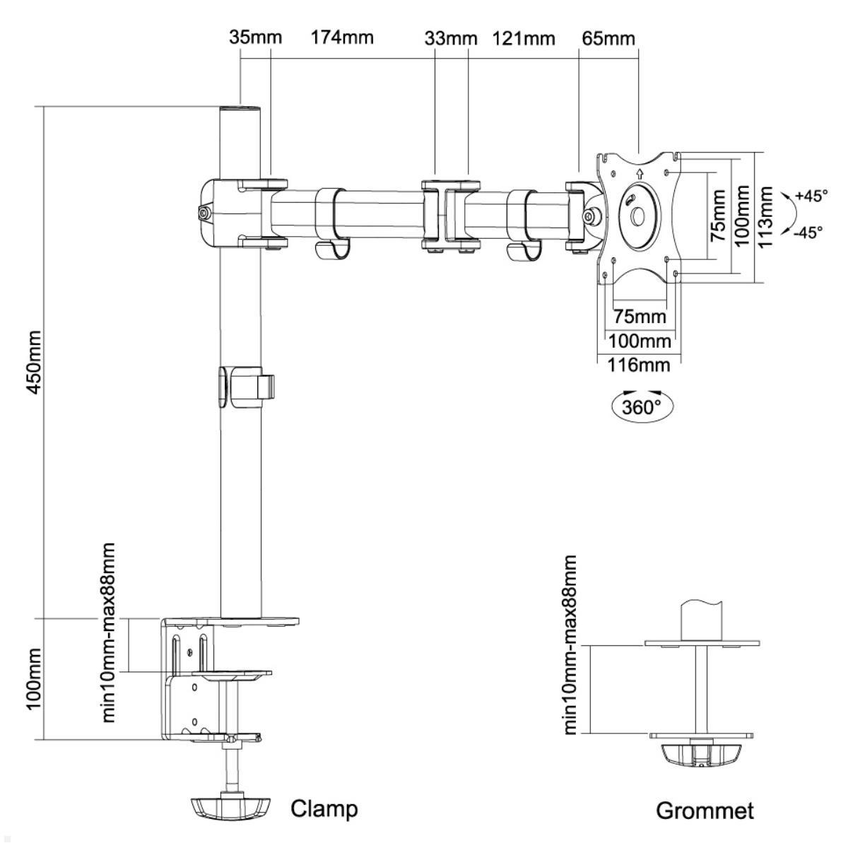 Neomounts Select NM-D135 Monitor Tischhalterung, weiß, Technische Zeichnung Neomounts Select NM-D135 Monitor Tischhalterung, weiß, Technische Zeichnung
