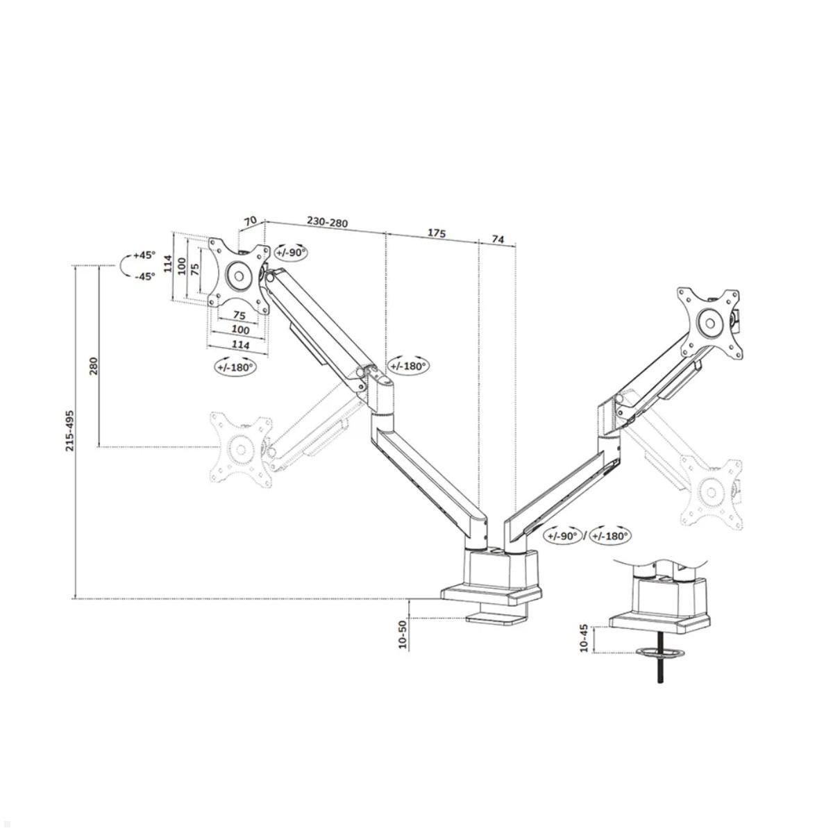 Neomounts DS70-250BL2 Monitorhalter für 2 Monitore, schwarz Maße Neomounts DS70-250BL2 Monitorhalter für 2 Monitore, schwarz Maße