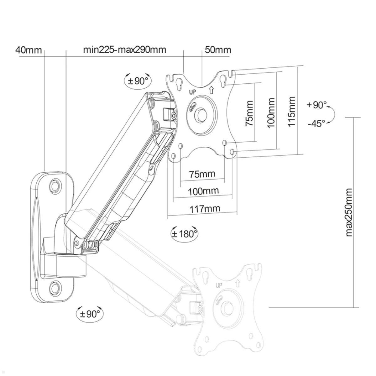 Neomounts WL70-440BL11 schwenkbare Monitor Wandhalterung 17-32 Zoll, technische Zeichnung Neomounts WL70-440BL11 schwenkbare Monitor Wandhalterung 17-32 Zoll, technische Zeichnung
