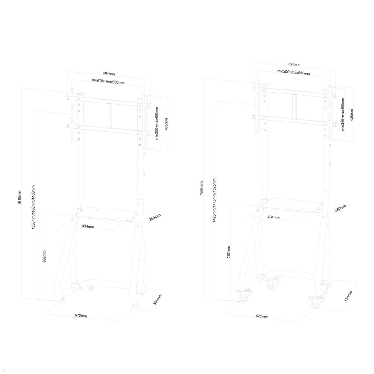 Neomounts NS-M3600BLACK Monitorständer mit Rollen & Ablage bis 80 Zoll, Zeichnung Maße Neomounts NS-M3600BLACK Monitorständer mit Rollen & Ablage bis 80 Zoll, Zeichnung Maße