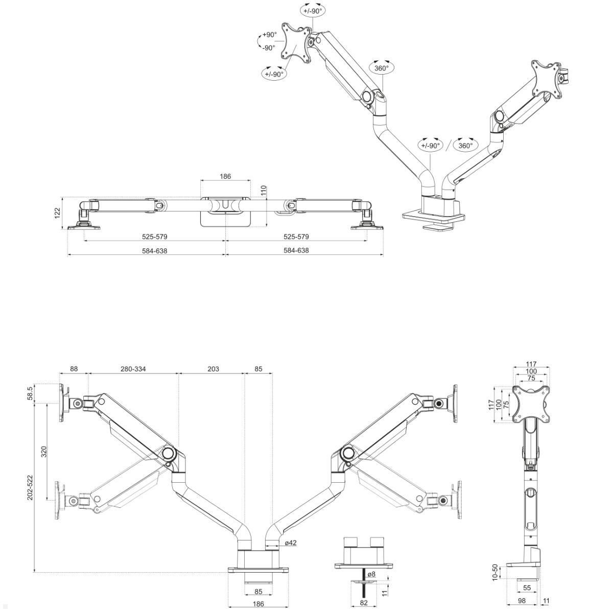Neomounts DS70S-950WH2 Monitorhalterung für 2 Monitore bis 35 Zoll, weiß, technische Zeichnung Neomounts DS70S-950WH2 Monitorhalterung für 2 Monitore bis 35 Zoll, weiß, technische Zeichnung