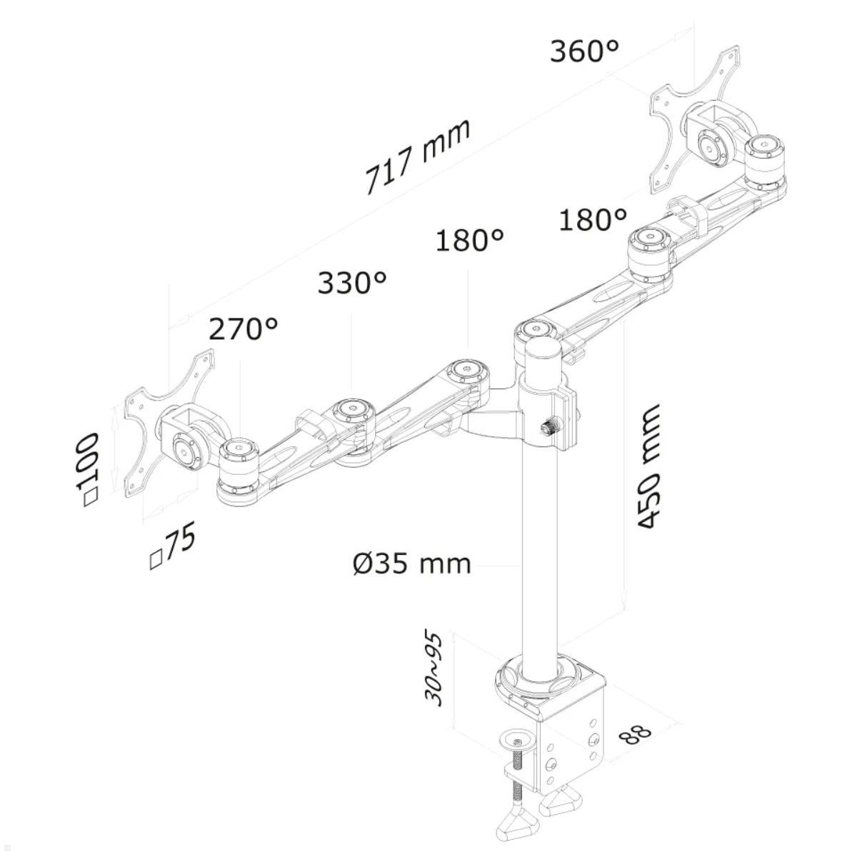 Neomounts FPMA-D935D Doppelmonitorhalterung mit Tischklemme silber, Technische Zeichnung Neomounts FPMA-D935D Doppelmonitorhalterung mit Tischklemme silber, Technische Zeichnung