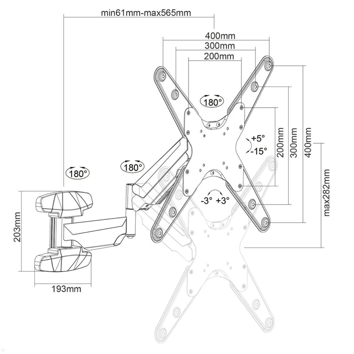 Neomounts WL70-550BL14 schwenkbare TV Wandhalterung 32-55 Zoll, schwarz, technische Zeichnung Neomounts WL70-550BL14 schwenkbare TV Wandhalterung 32-55 Zoll, schwarz, technische Zeichnung
