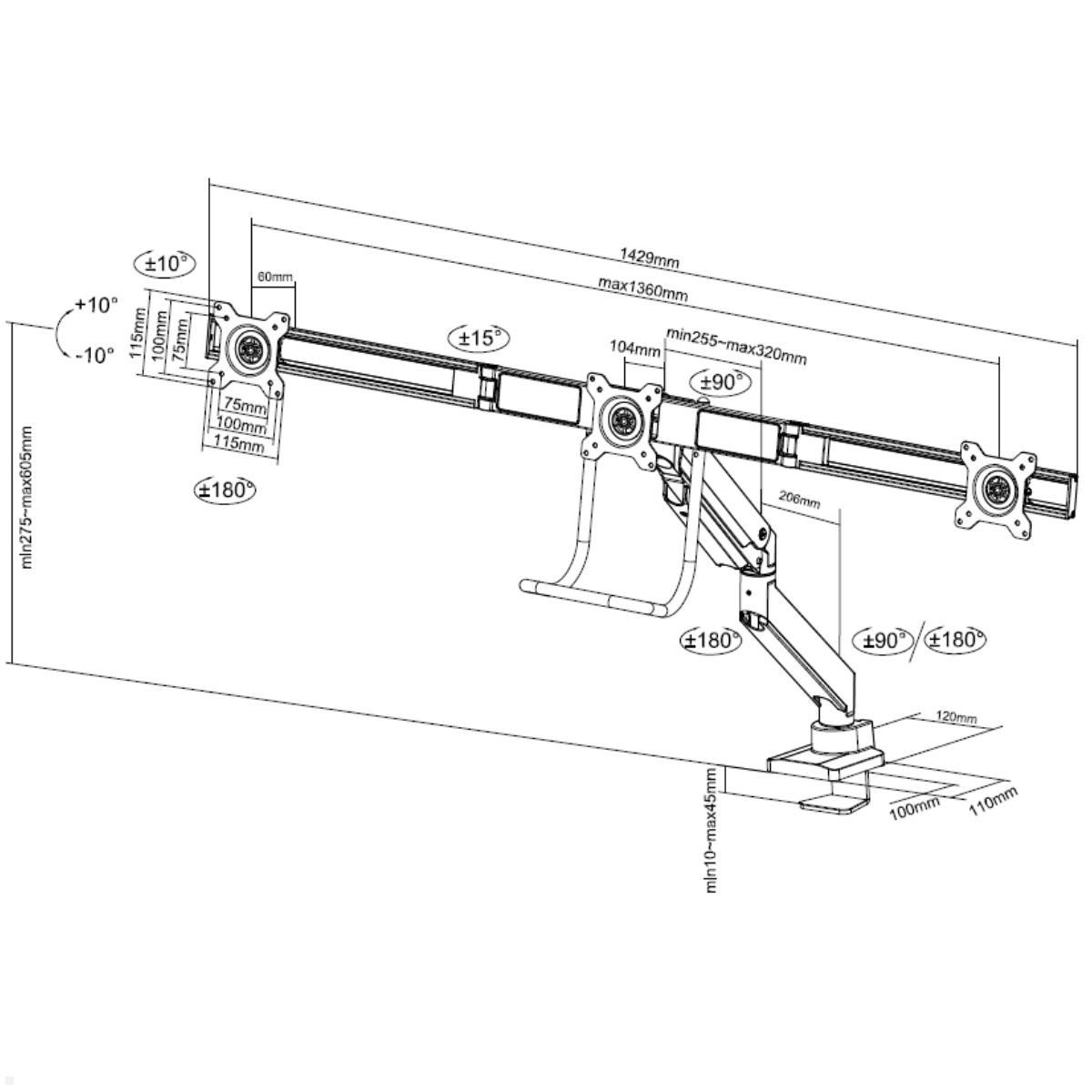 Neomounts NM-D775DX3SILVER Monitorhalterung für 3 Monitore 17-27 Zoll, silber Maße Neomounts NM-D775DX3SILVER Monitorhalterung für 3 Monitore 17-27 Zoll, silber Maße