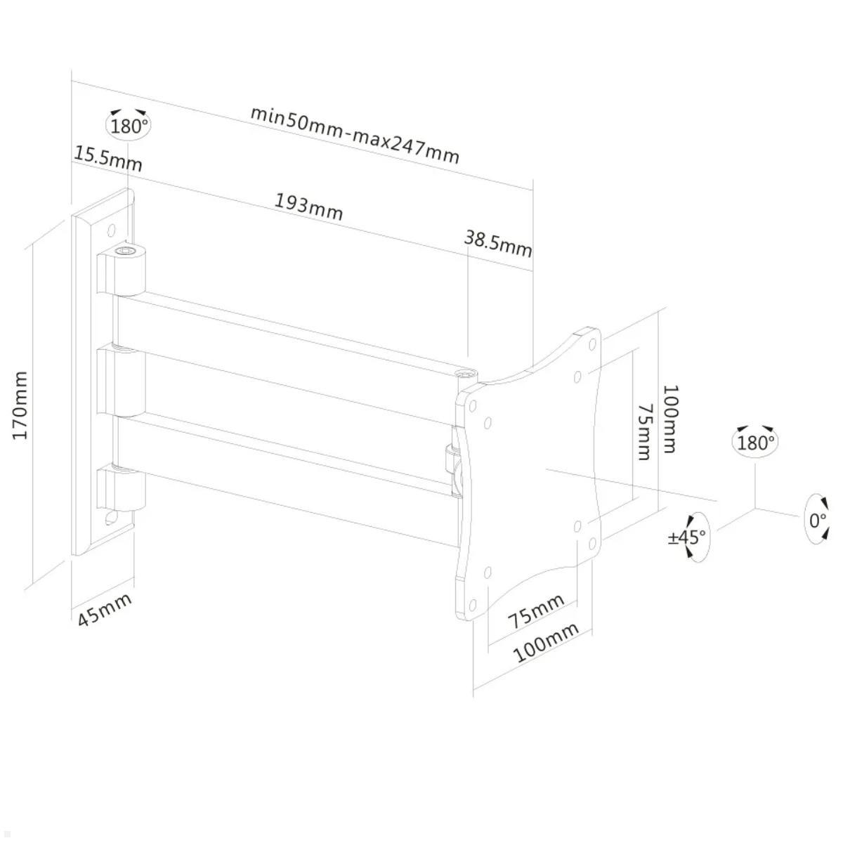 Neomounts FPMA-W820 schwenkbare TV Wandhalterung 10-27 Zoll, silber, technische Zeichnung Neomounts FPMA-W820 schwenkbare TV Wandhalterung 10-27 Zoll, silber, technische Zeichnung