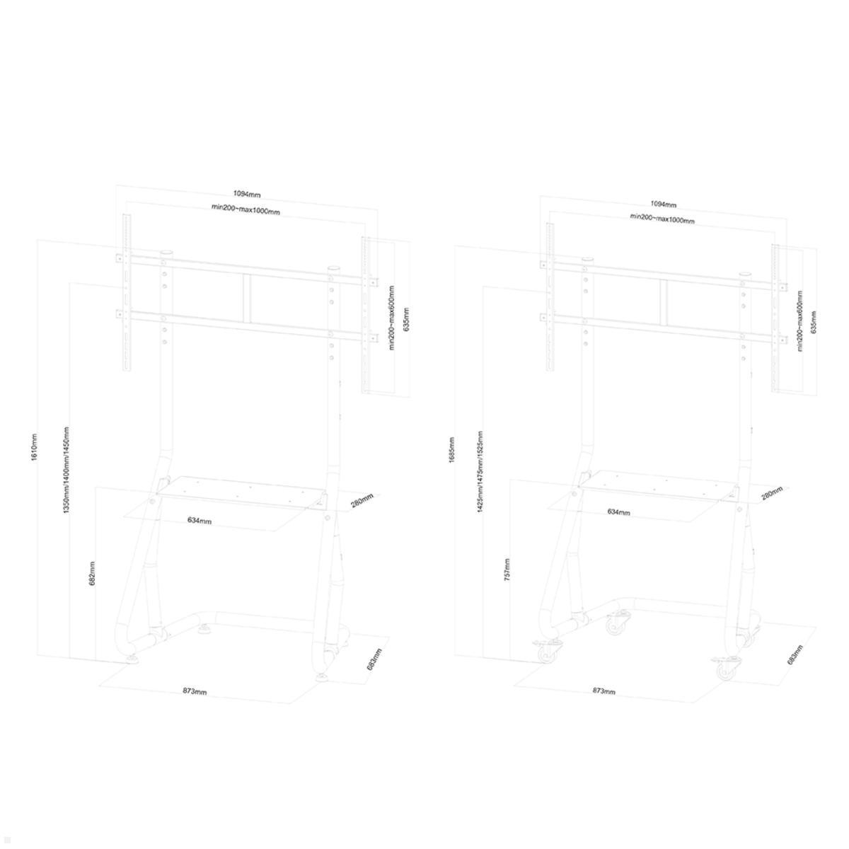 Neomounts NS-M3800BLACK Monitorständer mit Rollen & Ablage bis 100 Zoll, Zeichnung Maße Neomounts NS-M3800BLACK Monitorständer mit Rollen & Ablage bis 100 Zoll, Zeichnung Maße