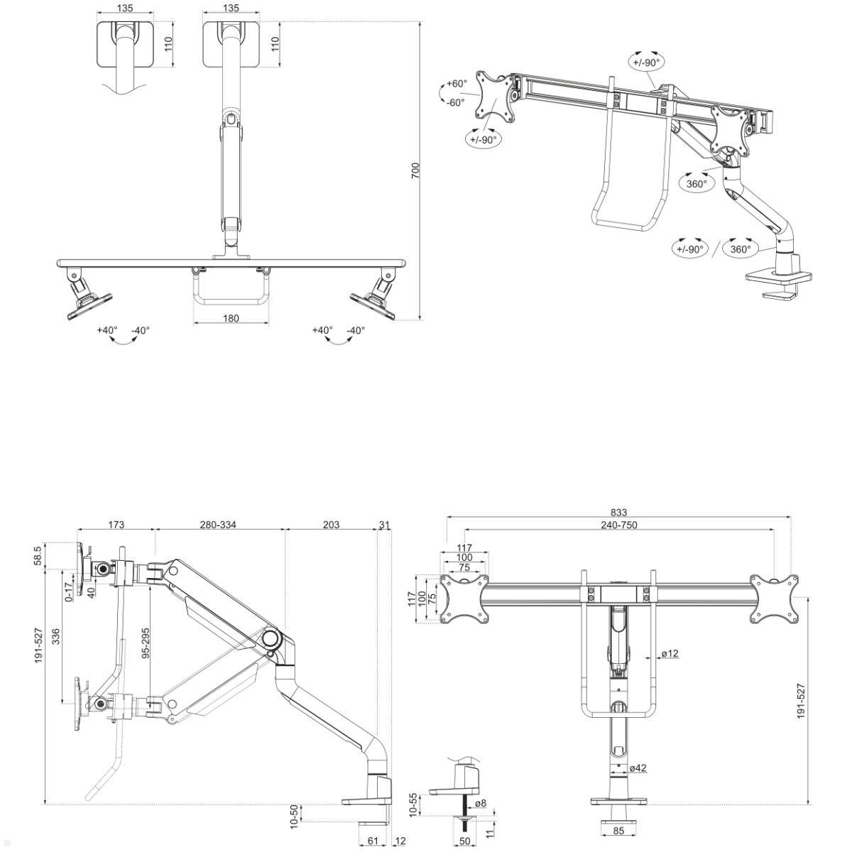 Neomounts DS75S-950WH2 Monitorhalterung für 2 Monitore bis 27 Zoll, weiß, technische Zeichnung Neomounts DS75S-950WH2 Monitorhalterung für 2 Monitore bis 27 Zoll, weiß, technische Zeichnung