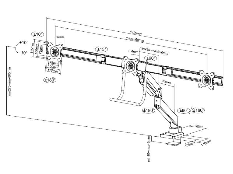 Neomounts NM-D775DX3BLACK Monitorhalterung für 3 Monitore bis 27Zoll, schwarzMaße Neomounts NM-D775DX3BLACK Monitorhalterung für 3 Monitore bis 27Zoll, schwarzMaße