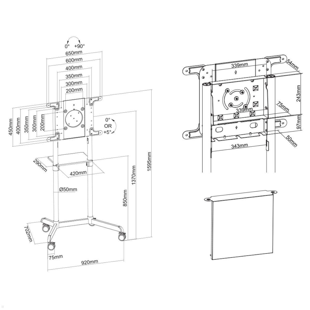 Neomounts NS-M1250BLACK Monitorständer mit Rollen bis 70 Zoll, schwarz, Zeichnung Maße Neomounts NS-M1250BLACK Monitorständer mit Rollen bis 70 Zoll, schwarz, Zeichnung Maße